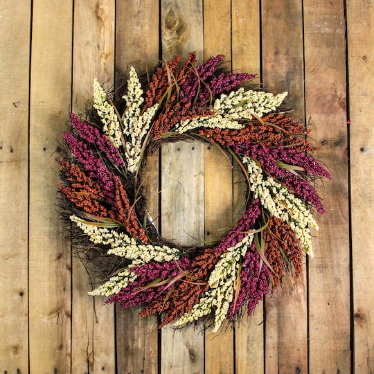 22" Pink & Orange Autumn Harvest Mixed Heather & Grapevine Wreath